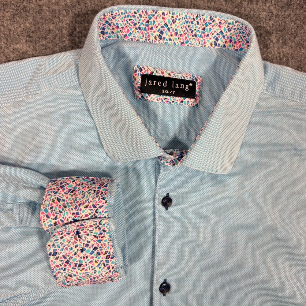 Jared Lang Button Down Mosaic Trim Mens 3XL Light Blue Cotton Flip Cuff EUC